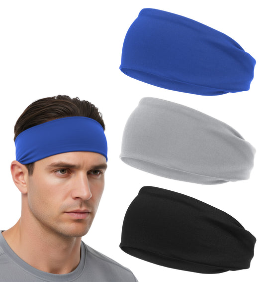 3 Pcs Sweat Bands Head, Non-Slip head Sweat Bands for Men Quick-Dry Stretchy Hairband for Workout (Black, Royal Blue, Light Gray)
