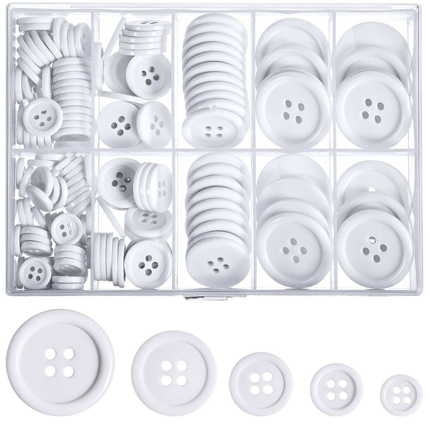 Classicseali 160PCS Big White Buttons, Round Buttons White, 4 Holes Small Whites Button, Smooth Surface, for Crafts, Coats, Shirts, Pants, Shorts and More, 5 Sizes