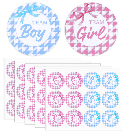 60 Pcs Gender Reveal Stickers Boy or Girl, 5 Sheets Team Boy or Girl Stickers with Bow Design, Pink & Blue Paper Labels for Party Games (2 Inch)