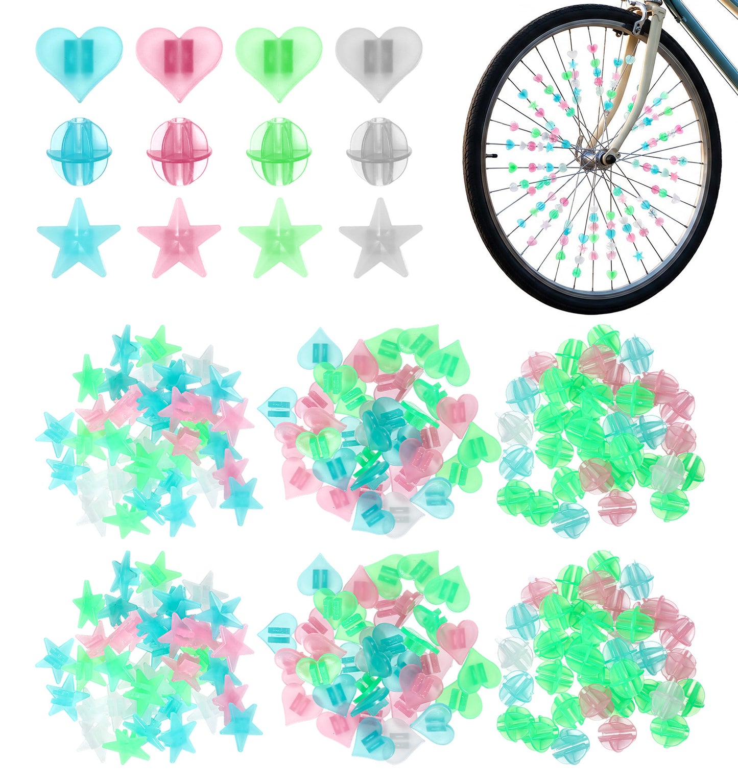 FRCTLNKG 210 Pcs Bike Spokes, Bike Spoke Beads Glow in The Dark Plastic Spoke Clips, Colorful Wheel Accessories to Make Noises (Three Patterns)