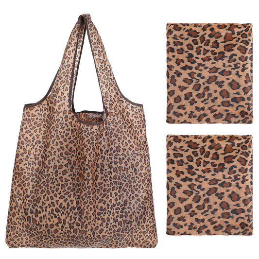 Elegaperma 2 Pcs Folding Shopping Bags, Shopping Bags Foldable in Leopard Print, Extra Large Polyester Reusable Grocery Totes (Brown, 60 x 45 cm)