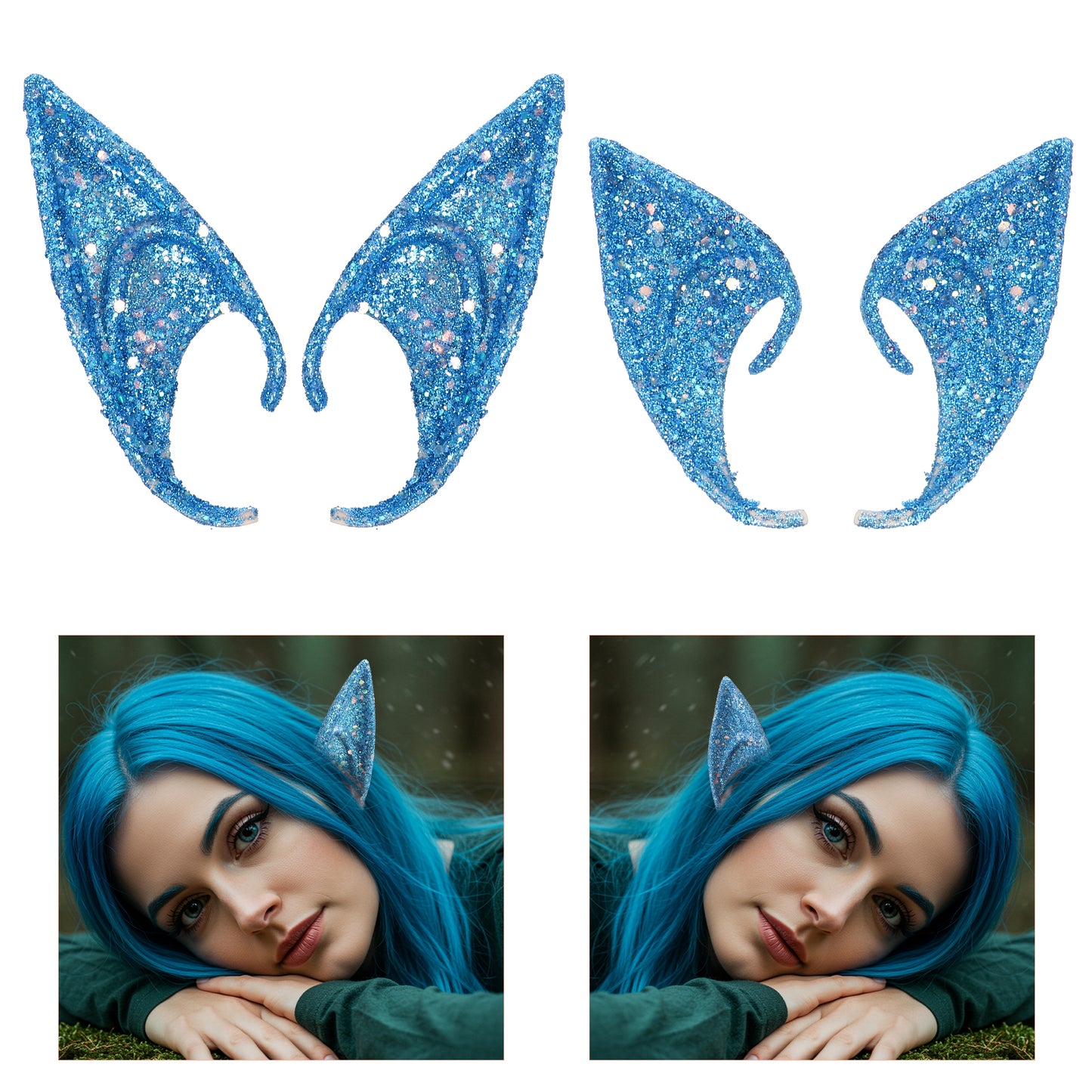 Classicseali 2 Pairs Elf Ears Adult, Glitter Fae Ears for Women, Lightweight and Durable, Reusable Hobbit Ear, for Cosplay Fair Costumes, Halloween Parties, Christmas, Birthday, Movie Shooting, Blue