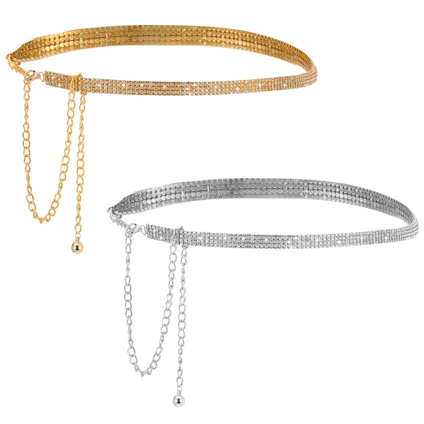 Classicseali 2pcs Rhinestone Belt, 125.5cm/49.4 In Diamante Belts, Rhinestone Belt for Formal Dress Wedding Bridal, Gold & Silver Chain Belts