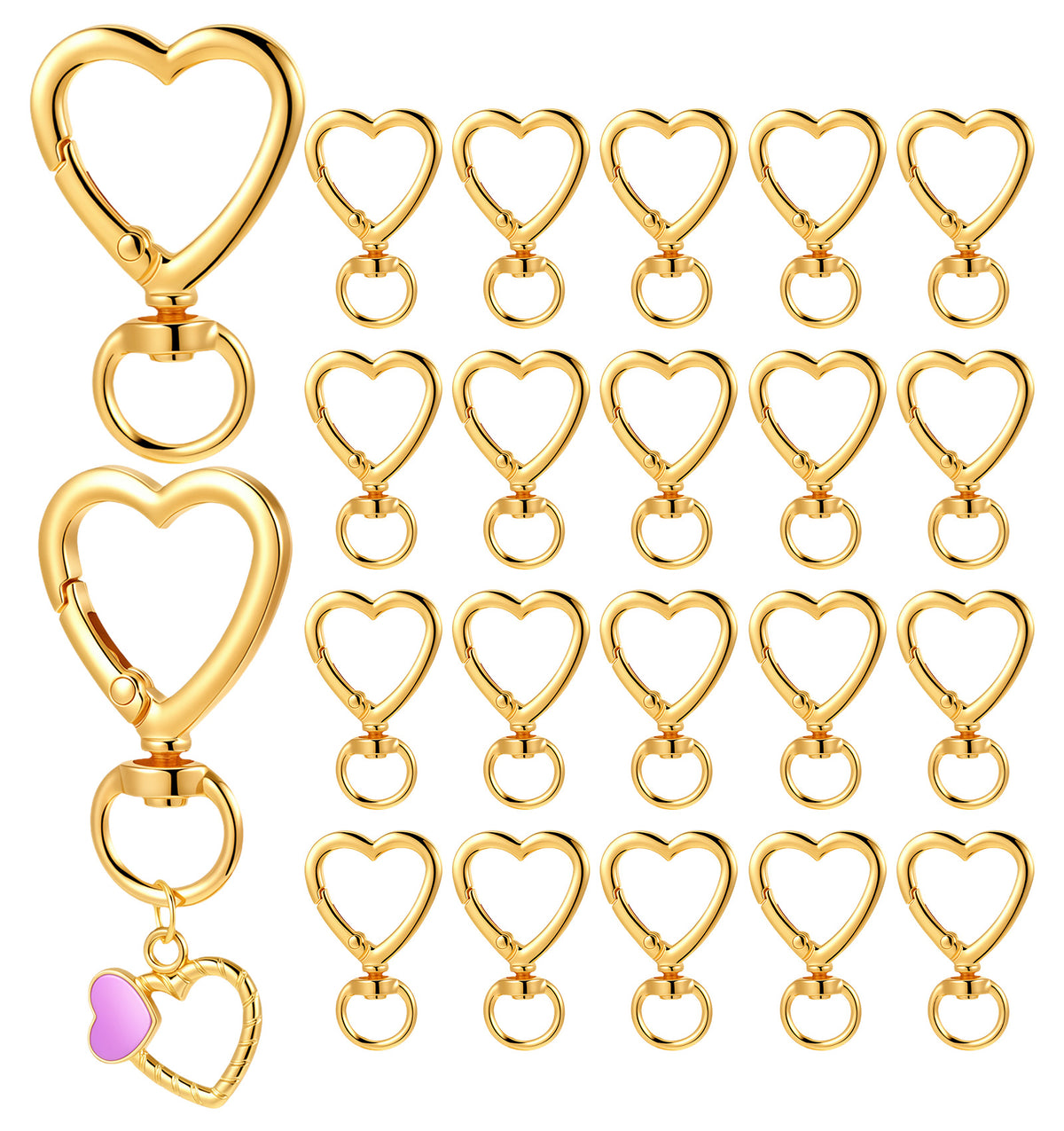 20 Pack Key Ring Clips, Gold Heart Keychain Clip Carabiner Spring Hook