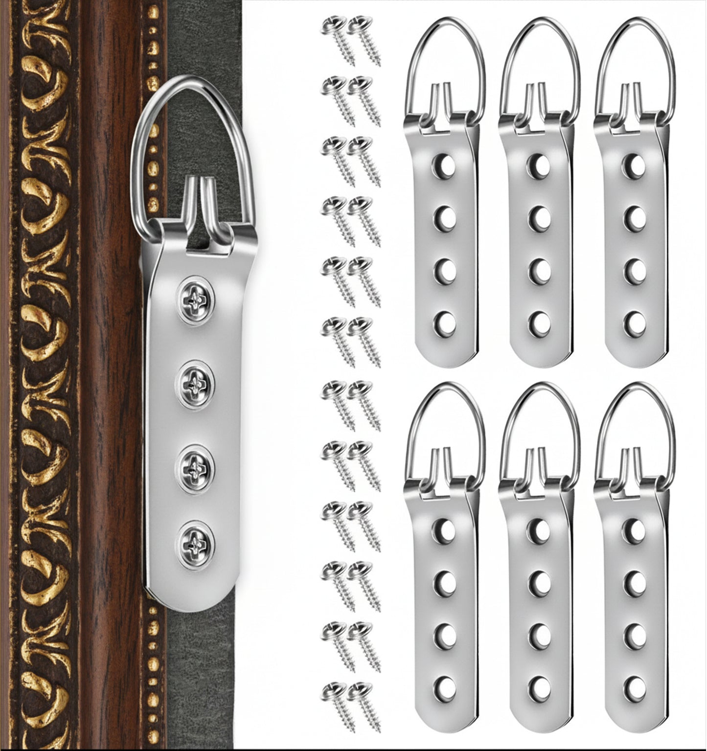 D-Ring Picture Hangers, 6Pcs D-Ring Mirror Hooks 24pcs Screws Heavy Duty Hanging System for Large Frames & Mirrors Easy Install Silver Finish