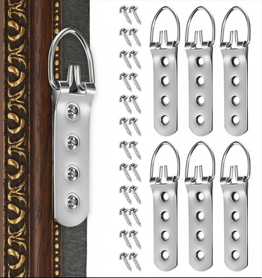 D-Ring Picture Hangers, 6Pcs D-Ring Mirror Hooks 24pcs Screws Heavy Duty Hanging System for Large Frames & Mirrors Easy Install Silver Finish