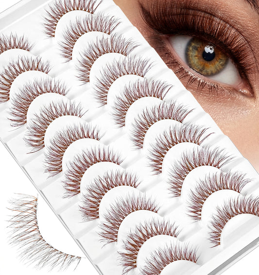 Brown Eyelashes, 10 Pairs Brown False Eyelashes Cat Eye Wispy Lashes, Faux Mink Cat Lashes with Clear Band for Beginners & Professionals