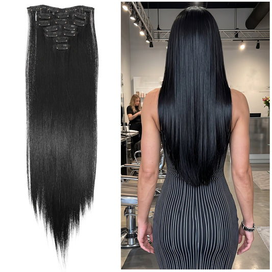 Black Clip in Hair Extensions, 24 Inch Straight Synthetic Hairpiece with 16 Clips (61 cm, Black)