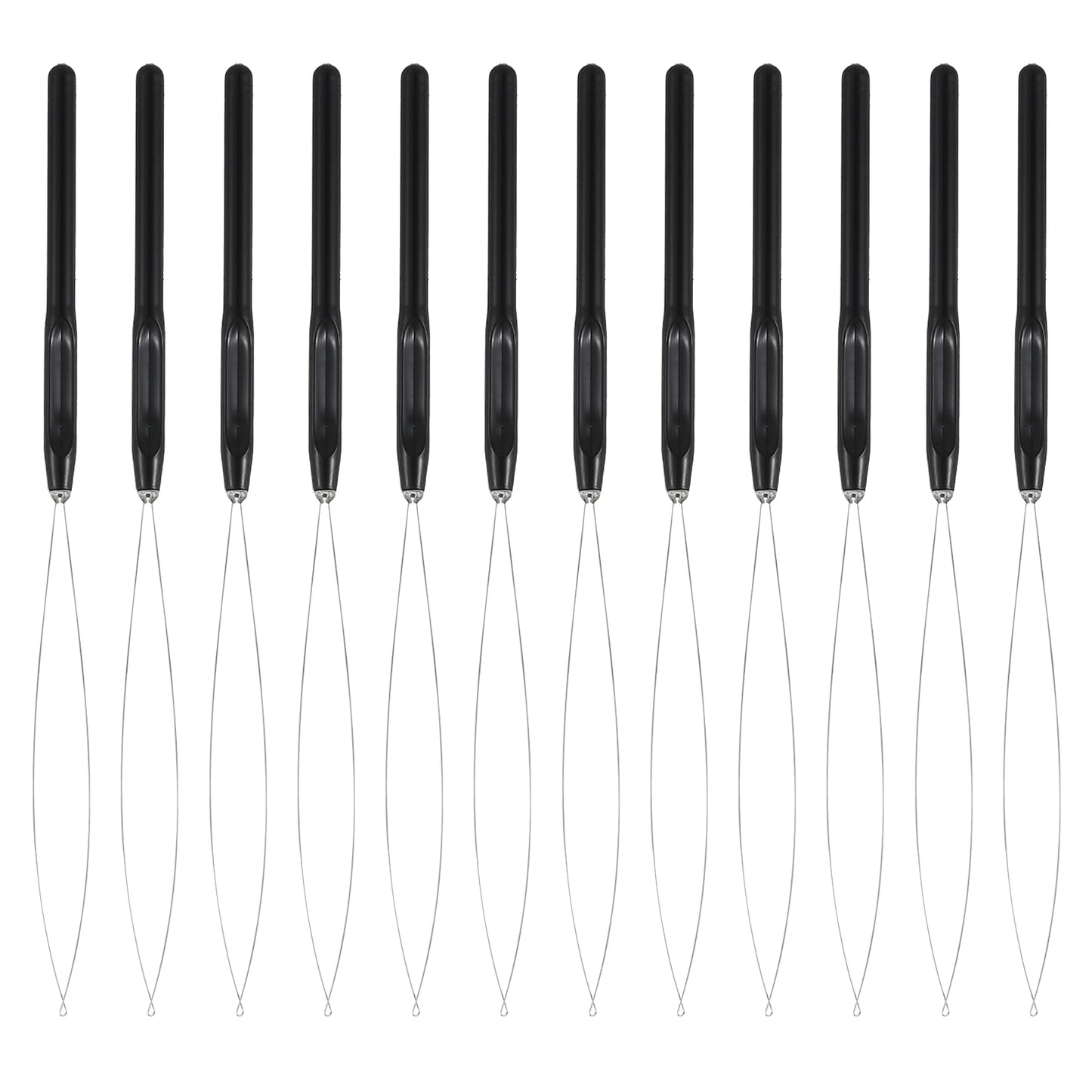 Elegaperma 12pcs Hair Extension Loop Threader, Hair Loop Pull Through Tool, Nano Bead Threader With Plastic Handle Hairs Tools for Feather Extension (Black)