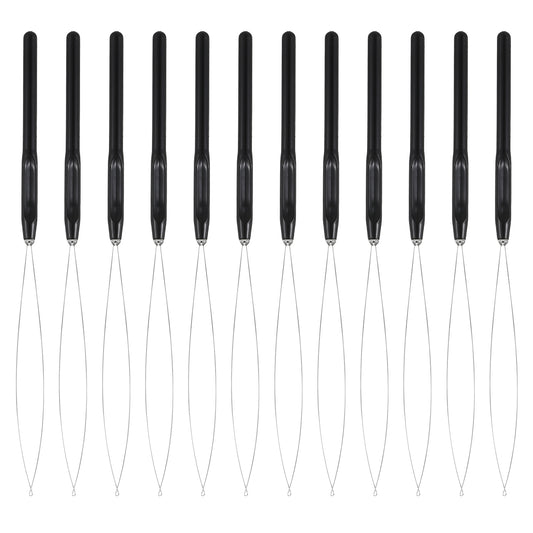 Elegaperma 12pcs Hair Extension Loop Threader, Hair Loop Pull Through Tool, Nano Bead Threader With Plastic Handle Hairs Tools for Feather Extension (Black)