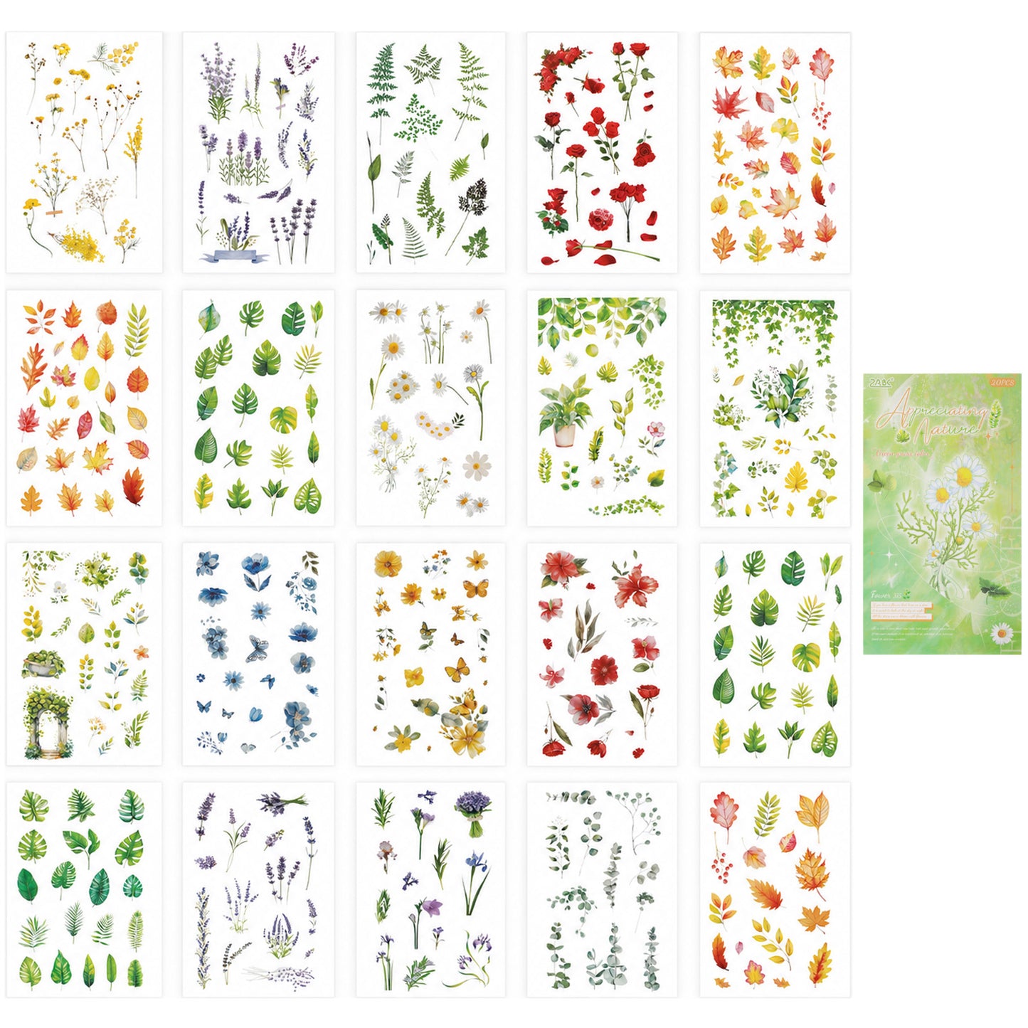 Guduling 20 Sheets Botanical Stickers,Pressed Flower Stickers,Dried Floral Decals for Botanical Journaling, Scrapbook & Planner (Green Cover, 7.09 x 3.94 in)