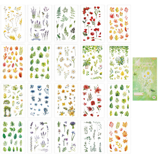 Guduling 20 Sheets Botanical Stickers,Pressed Flower Stickers,Dried Floral Decals for Botanical Journaling, Scrapbook & Planner (Green Cover, 7.09 x 3.94 in)