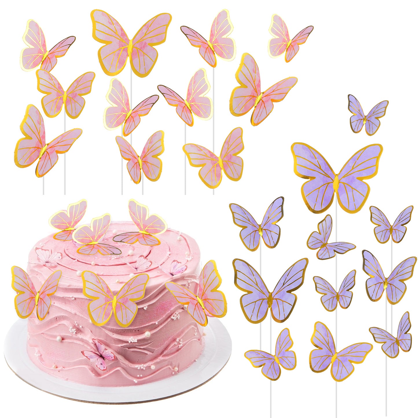 Classicseali 44pcs Butterfly Cake Toppers, 3D Butterflies for Cake Decorations, Gold-Foiled Butterflies for Cakes, for Girls, Women's Birthday, Wedding, Party,Baby Shower Decoration, Purple,Pink