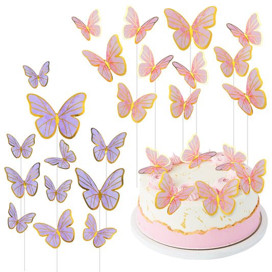 Oruola 44pcs Cake Butterfly Decorations, 3D Butterflies for Cake Decorations, Gold-Foiled Butterflies for Cakes, for Girls, Women's Birthday, Wedding, Party,Baby Shower Decorations, Purple,Pink