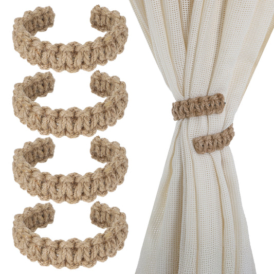 Classicseali Farmhouse Curtain Tiebacks - Boho Curtain Tiebacks 4 Pack, Rustic Rope Curtain Ties for Home Office Bedroom Window, Elegant Curtain Holder for Home Decor