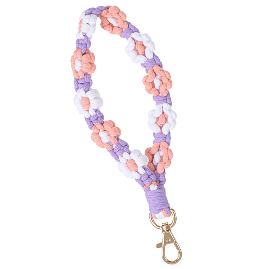 guduling Daisy Macrame Keychain, Boho Keychain Wristlet, Cute Crochet Flower Keychains, Handmade Purple Weave Macrame Key Chains With Lobster Buttons for Women & Girls