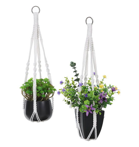 ValueBargain 2 Pack Macrame Plant Hanger Indoor, 56 cm Handmade Cotton Indoor Hanging Plant Holder No Tassels, Boho Woven Hanging Planter for Outdoor Home Decor (Ivory)