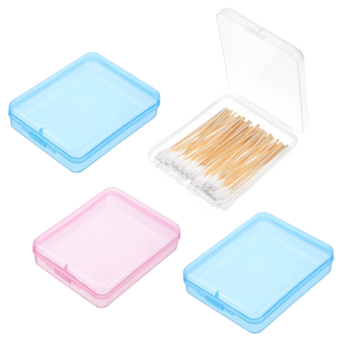 guduling 4pcs Travel Cotton Bud Holder, Travel Qtip Holder, Portable Traveling Qtips Case, Can Store Cotton Swabs, Cottons Swabs and Dental Floss 4.45 X 3.54 X 1.10 in (Blue, Pink, Clear)