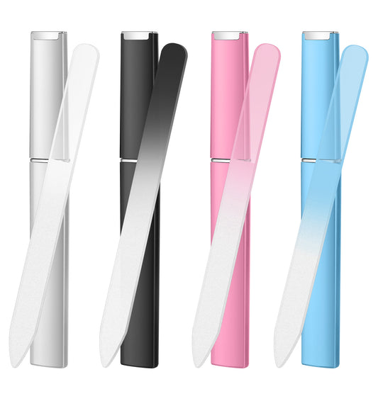 4Pcs Glass Nail Files with Case, Glass Nail Files for Natural Nails, Portable Non-Slip Grip for Manicure & Pedicure (Black/White/Pink/Blue, 20x12x1.2cm)
