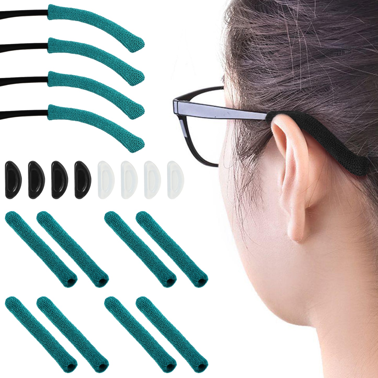 Oruola 4pairs Eyeglass Ear Cushions, Upgrade Soft Knitting Ear Pads for Glasses, Anti-Slip Elastic Comfort Eyeglasses Temple Tips Sleeve, Ear Cushions for Glasses with 8 Eyeglass Nose Pads