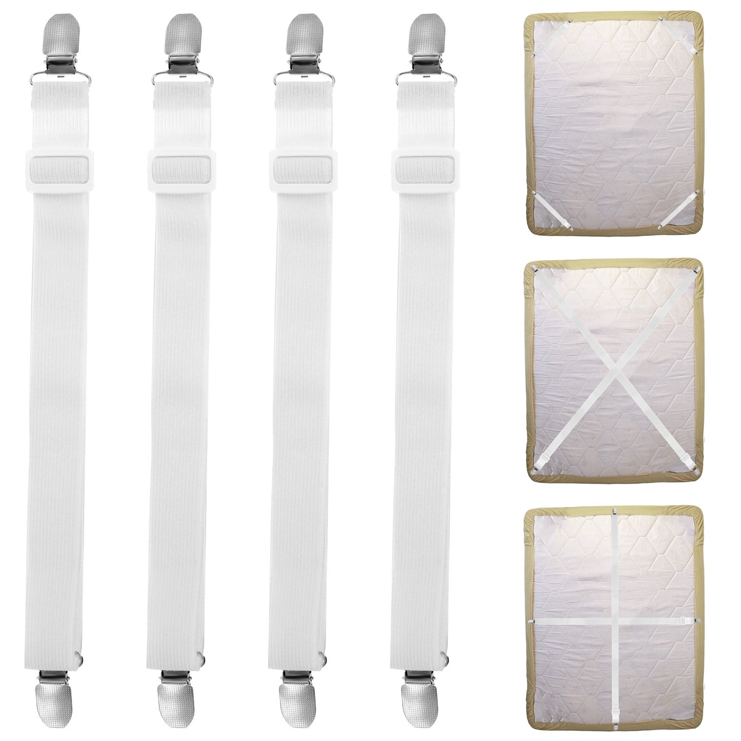 oruola 4 pcs Bed Sheet Clips, 4PCS Adjustable Bed Sheet Straps, Elastic Sheet Straps Suspenders Clips for Bedding, Fitted Bed Sheet Grippers to Keep Your Sheets in Place