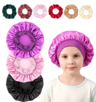 3Pcs Hair Bonnet for Sleeping Kids, Satin Silk Bonnets for Kids Elastic Night Sleep Caps with 6 Hair Bands for Children Baby, Soft & Comfortable, Perfect for Girls Hair-Care, Black Pink Purple