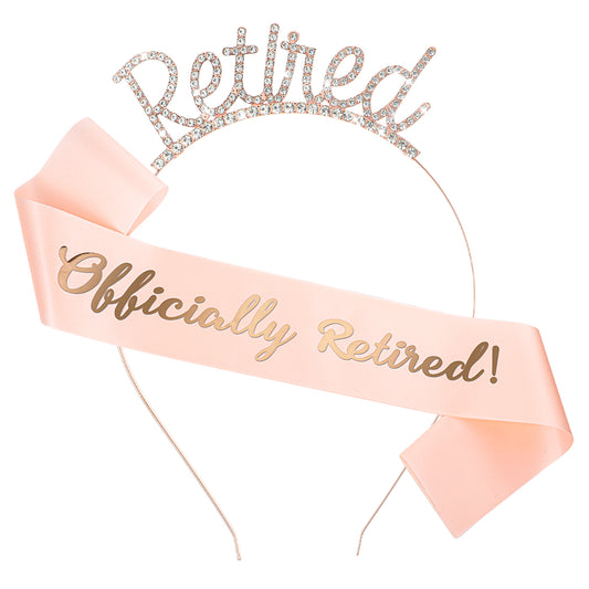Guduling Retirement Sash for Women,Rose Gold Retirement Crown Headband & Champagne Sash Set, Zinc Alloy & Satin Design with Rhinestones