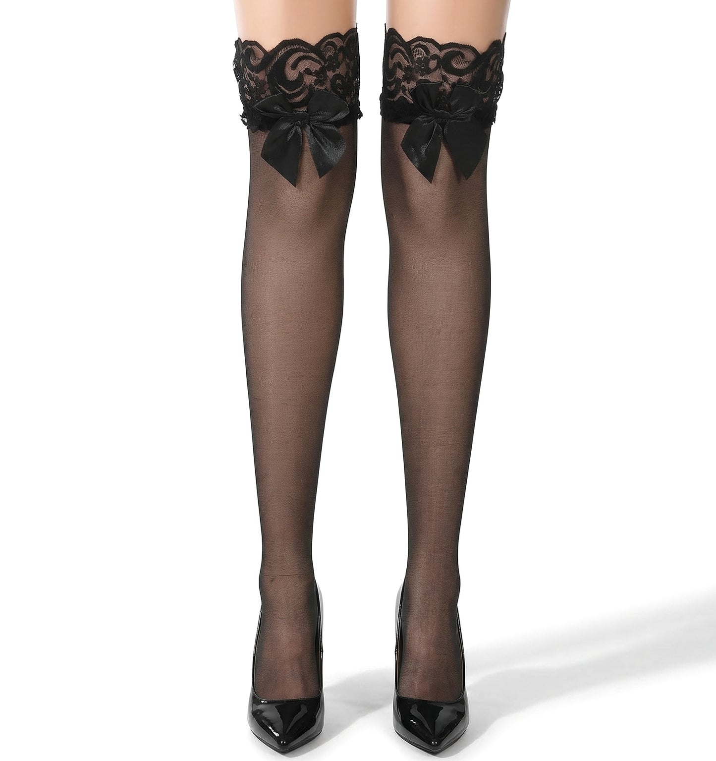 FRCTLNKG Black Hold Up Stockings for Women UK, 1 Pair Sheer Lace Top Thigh Highs with Anti-Skid Silicone Bands, 79cm Length (Black)
