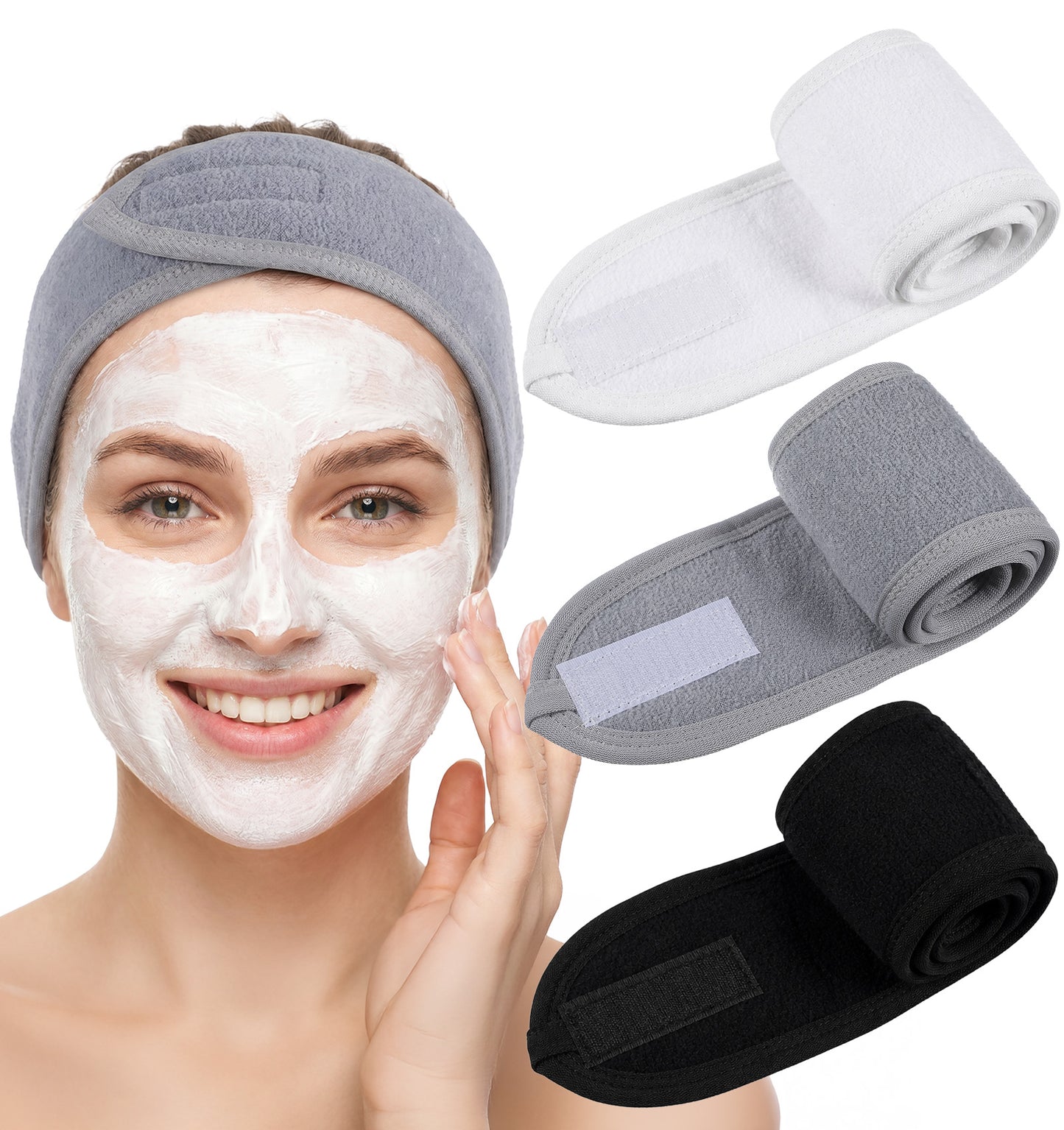 3 Pcs Headband for Washing Face, Make Up Headbands for Women - Spa Cloth Headband Adjustable Washable Towel for Face Washing, Shower, Skincare, Facial Treatment, Sport (White, Black, Gray)