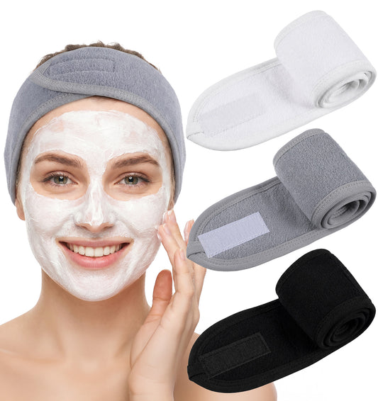3 Pcs Headband for Washing Face, Make Up Headbands for Women - Spa Cloth Headband Adjustable Washable Towel for Face Washing, Shower, Skincare, Facial Treatment, Sport (White, Black, Gray)