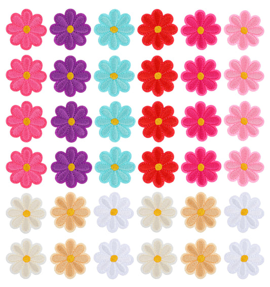 Flower Iron on Patches 36-Pack - Embroidered Daisy Appliques for Clothes, Multi-Use Sew-on Patche for Denim Jackets, Bags & More (9 Color Options, DIY Floral Repair Decor) Flower Iron on Patches