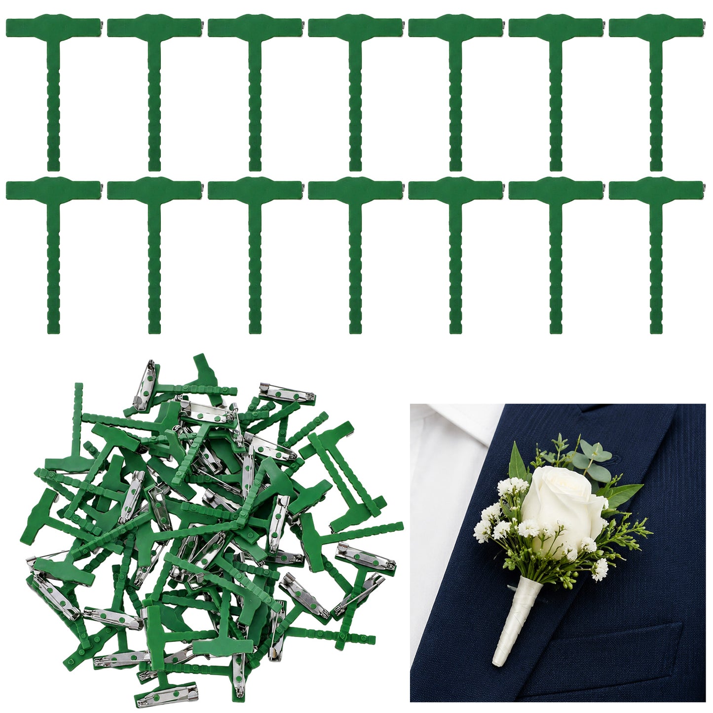 Elegaperma 50 Pcs Boutonniere Pin, Green T-Shaped Boutonniere Clip for Bride Groom Weddings & Festivals, Plastic & Iron, Tiny Boutonnieres Brooch Supplies (1.77 x 0.98 Inch)
