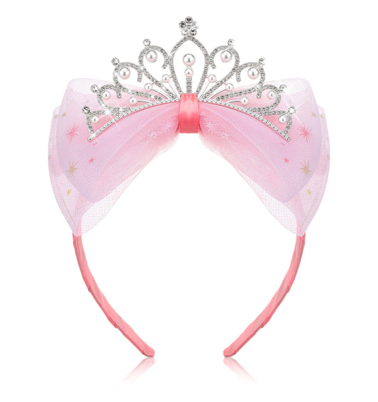 Princess Crown Headband, Tiara Crown Headbands for Girls with Tulle Bow for Birthday Gifts, Fairy Pink Princess Headband Hair Accessory