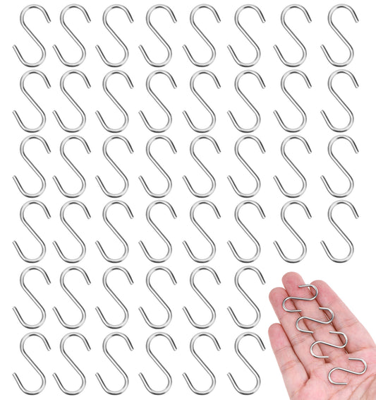 Thrymme 48Pcs Mini S Hooks, 1.2 Inch Stainless Steel S-Hooks, Heavy Duty M2 Hanging Hooks for Curtains, Shelves & Christmas Home Organization, Silver