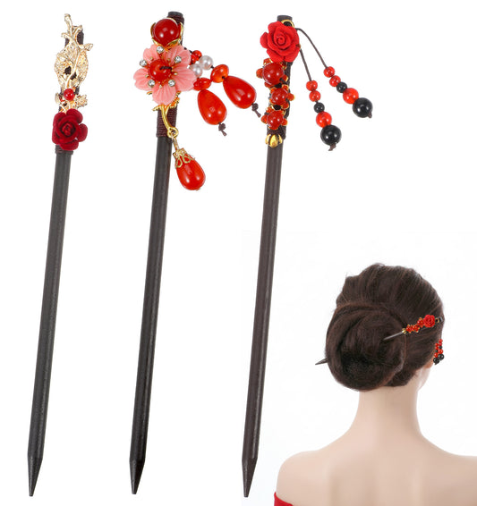 3 Pcs Chinese Hair Accessories, Chinese Hair Pin with Asian Retro Flower Tassel, 18 cm Updo Hairs Chopsticks for Women (Red)