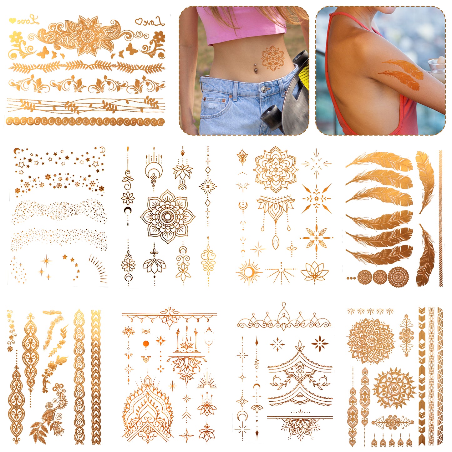 Classicseali 9 Sheets Gold Temporary Tattoos, Metallic Tattoos for Women, Flash Glitter Body Art Temporary Tattoos for Festivals, Parties, and Cosplay Festival Accessories