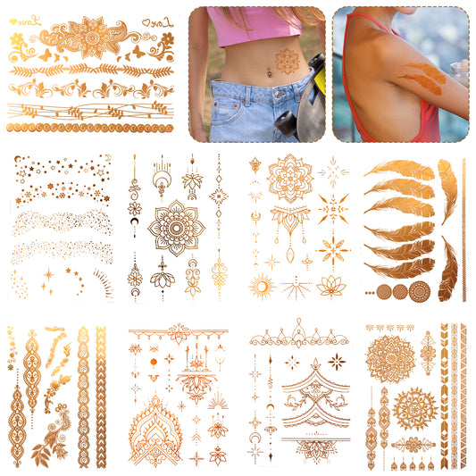 Classicseali 9 Sheets Gold Temporary Tattoos, Metallic Tattoos for Women, Flash Glitter Body Art Temporary Tattoos for Festivals, Parties, and Cosplay Festival Accessories