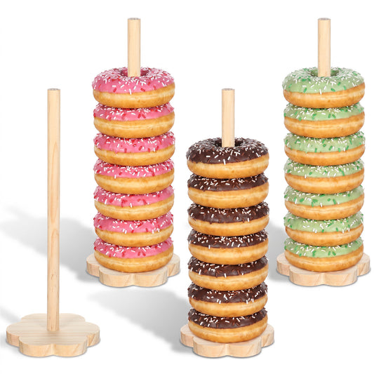 Guduling 4 Pcs Donut Stands, Natural Wooden Donut Holder Stand Party Set of 4,Durable Donuts Holder with Round Base for Elegant Dessert Display – Floral Base Design for Donuts, Cupcakes, Wedding & Bak