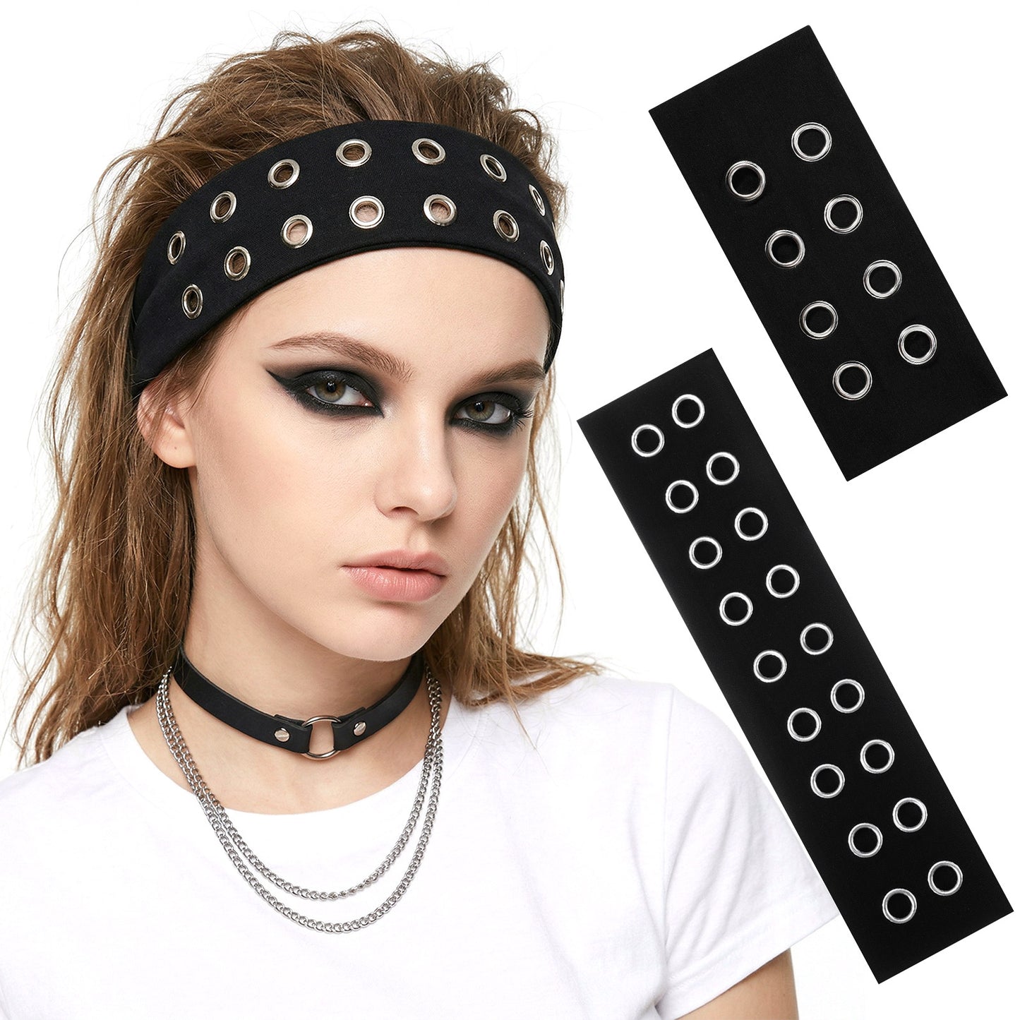 Elegaperma 2pcs Eyelet Headband, Goth Headband, Elastic Headbands with Holes, Rock Punk Hair Accessory Fashionable Metal Hairbands Stretchy for Women