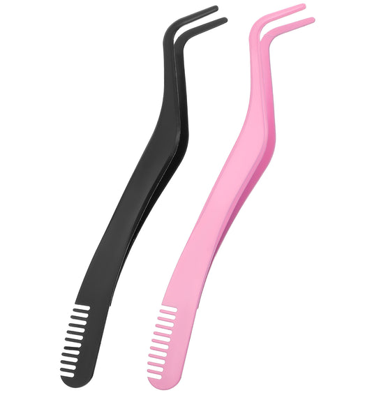 2 Pcs Eyelash Tweezers, Lash Applicator Tool with Comb for Cluster