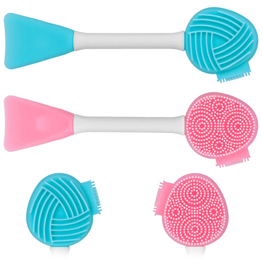 Guduling 2pcs Facial Cleansing Brush 4 in 1, Dual-Ended Silicone Face Scrubber, Lip Scrub Brush, Facial Cleansing Tool, Pore Cleaning Brushes, Silicone Lip Scrubber for Skincare(Blue & Pink)
