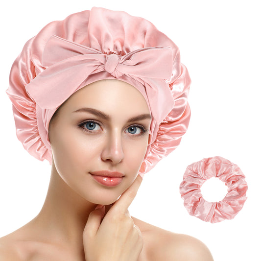 Oruola 2 Pcs Silk Sleep Bonnet,Sleep Bonnets for Women,Double Layer Curly Hair Bonnet for Curly Hair Braid Women,Soft Breathable Satin Bonnet with Tie Band Hair Wrap Cap for Sleeping,Pink