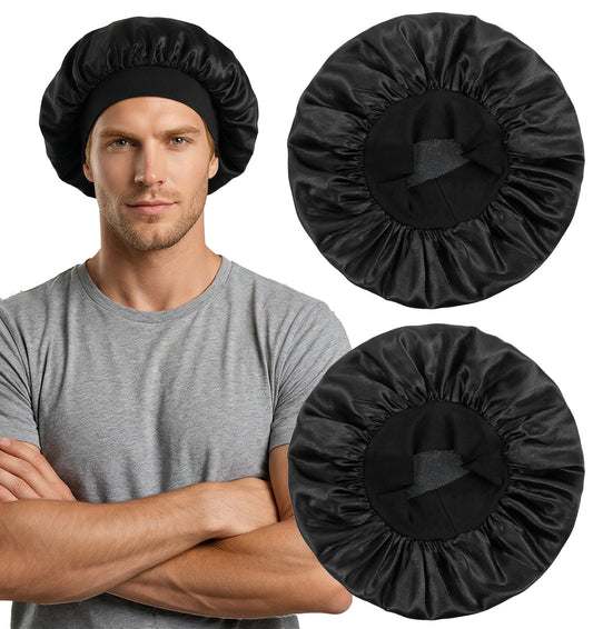 2Pc Black Bonnet For Men, Wide Band hair bonnet for sleeping men, Satin-Like Cap (Black, 35 cm Diameter)