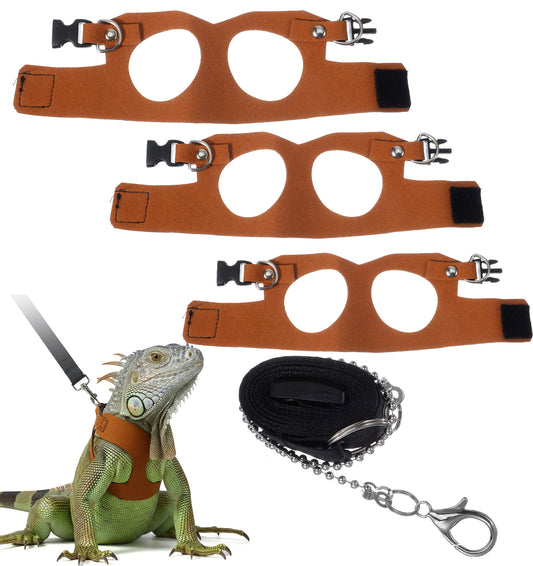 Bearded Dragon Leash and Harness Set, 3PCS Faux Leather Adjustable Bearded Dragon Harness and Leash, Traction Rope for Lizard Small Animal Outdoor Walking (Brown/S, M, L)