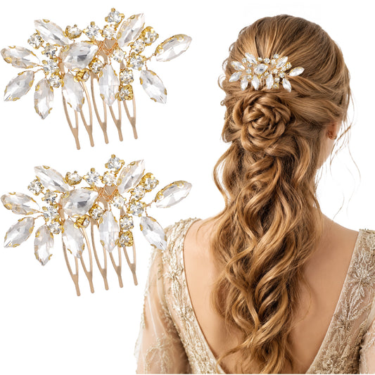 Guduling 2 Pcs Bridal Hair Comb,Gold Rhinestone Hair Accessories, 2.56X1.97 IN Crystal Rhinestone Hairs Comb,for Wedding Bride Bridesmaid, Prom, Engagement,legant Jewelry