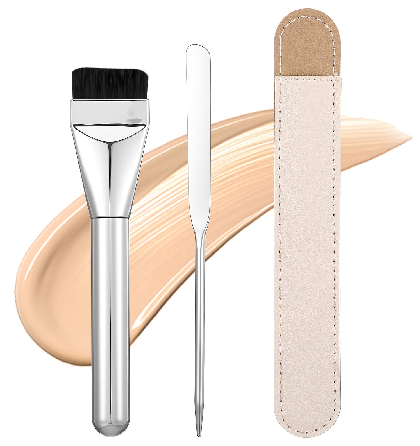 Foundation Spatula and Flat Foundation Brush Set, Stainless Steel Makeup Spatula, Double-Edged for Even Face Application, Professional with Pouch for Clean Storage, Ideal for Small Area Cosmetic Use