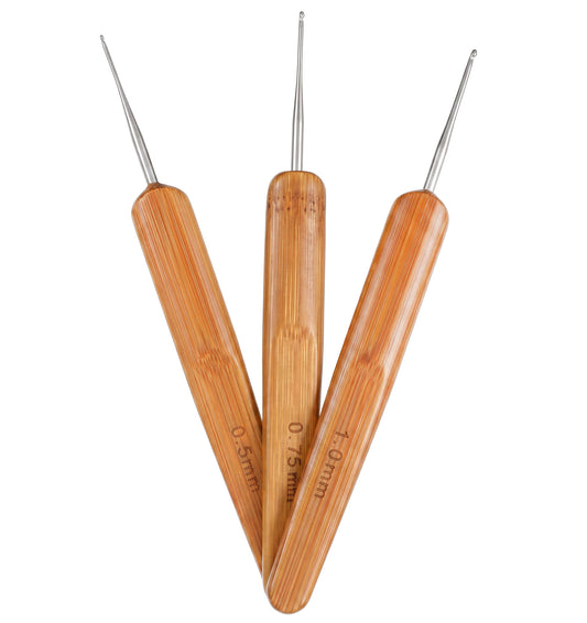3 PCS Dreadlock Crochet Hook, 13 Cm Long Bamboo Hair Crochet Hook with Multipurpose Precision Tips (0.5mm, 0.75mm, 1mm)