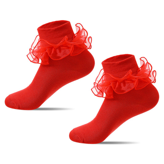 ValueBargain Red Frilly Socks Women, Cotton Ruffle Socks, Double Lace Turn Cuff for Daily Wear & Dresses