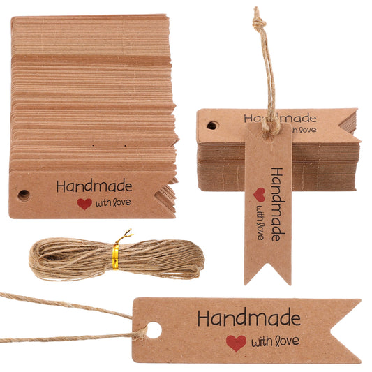 Guduling 200-Pack Made with Love Labels,Hand Made with Love Labels,Handmade with Loves Tags of Pre-Punched with Natural Jute String for Candles, Soaps, Wedding Favors & Small Business