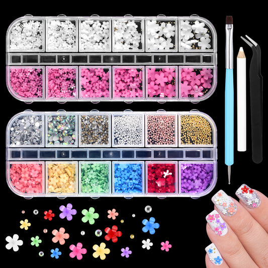 Classicseali 2 Boxes Flower Nail Charms, 3D Nail Charms, Multicolor 3D Nail Rhinestones Pearls Nail Art Decorations with Pickup & Dotting Tools for Nail Art DIY,Nail Salon Jewel Accessories